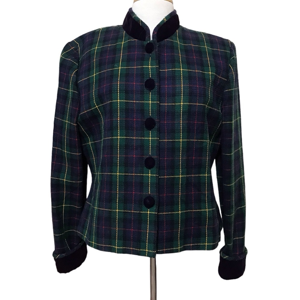 John Roberts Vintage Womens Size 14 Plaid Checked Blazer Velvet Trim